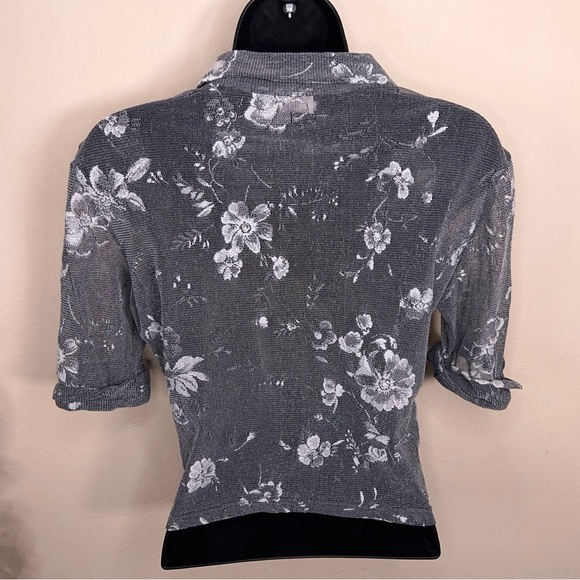 Vintage 90s Medium Eyeshadow Grey White Floral Stretch Top Button Up Half Sleeve - Picture 6 of 12